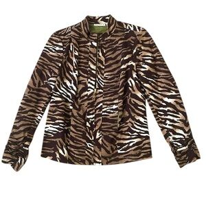 Susan Graver Brown Green Animal Zebra Print Lined Blazer Zip-Up Size XS